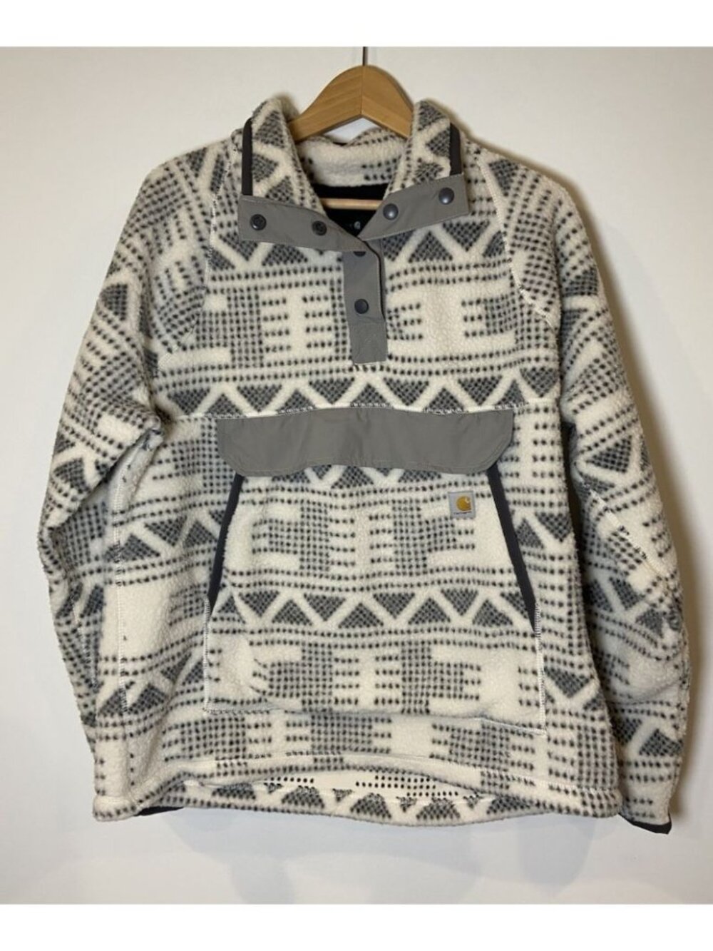 Women's Carhartt Relaxed Fit Fleece Pullover Snap Front Gray White Large 12 14